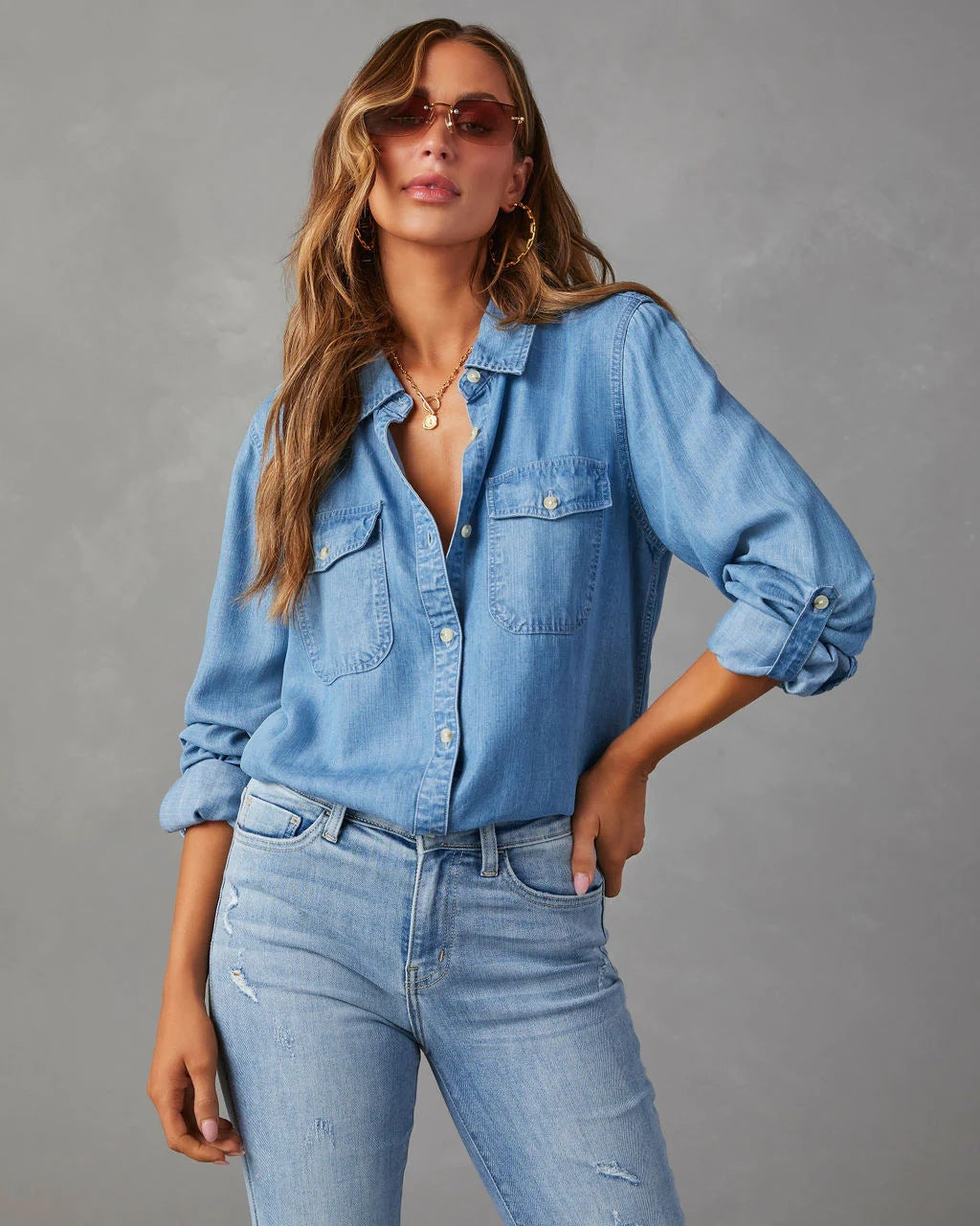 Blouse – Knoopsluiting & Lange Mouwen van Katoenmix
