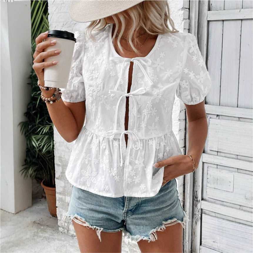 Blouse – Korte Mouwen Met Kanten Pof & Zachte Stof