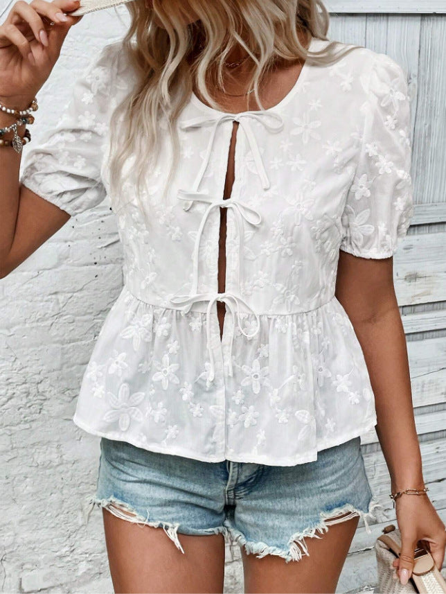 Blouse – Korte Mouwen Met Kanten Pof & Zachte Stof