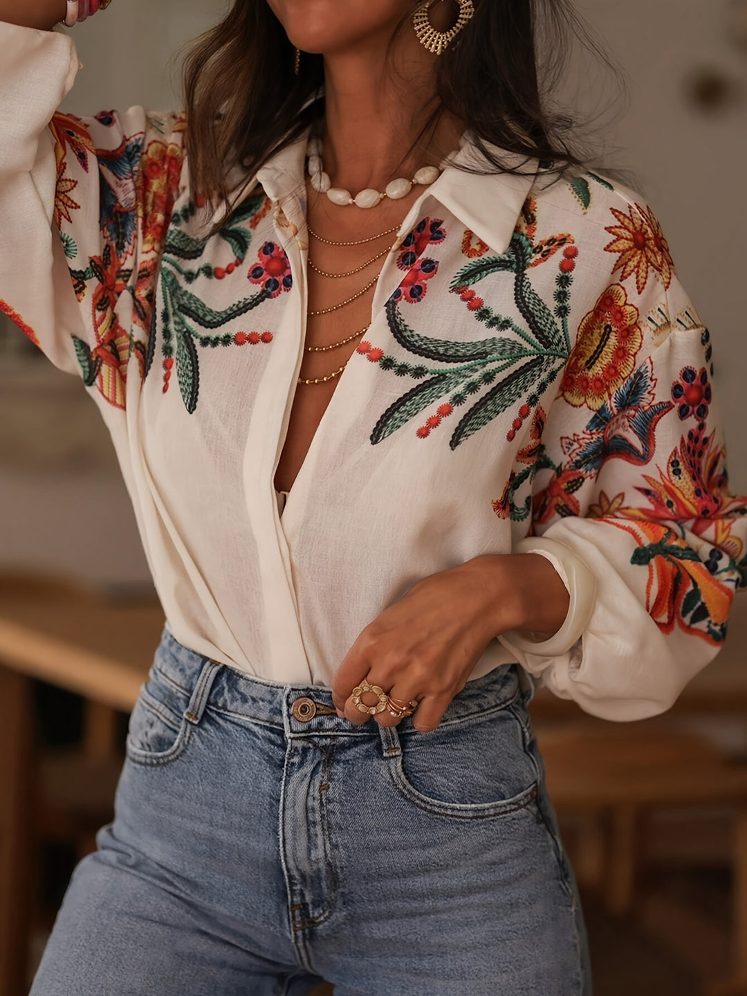 Blouse – Lange Mouwen & Knoopsluiting met Bloemenprint