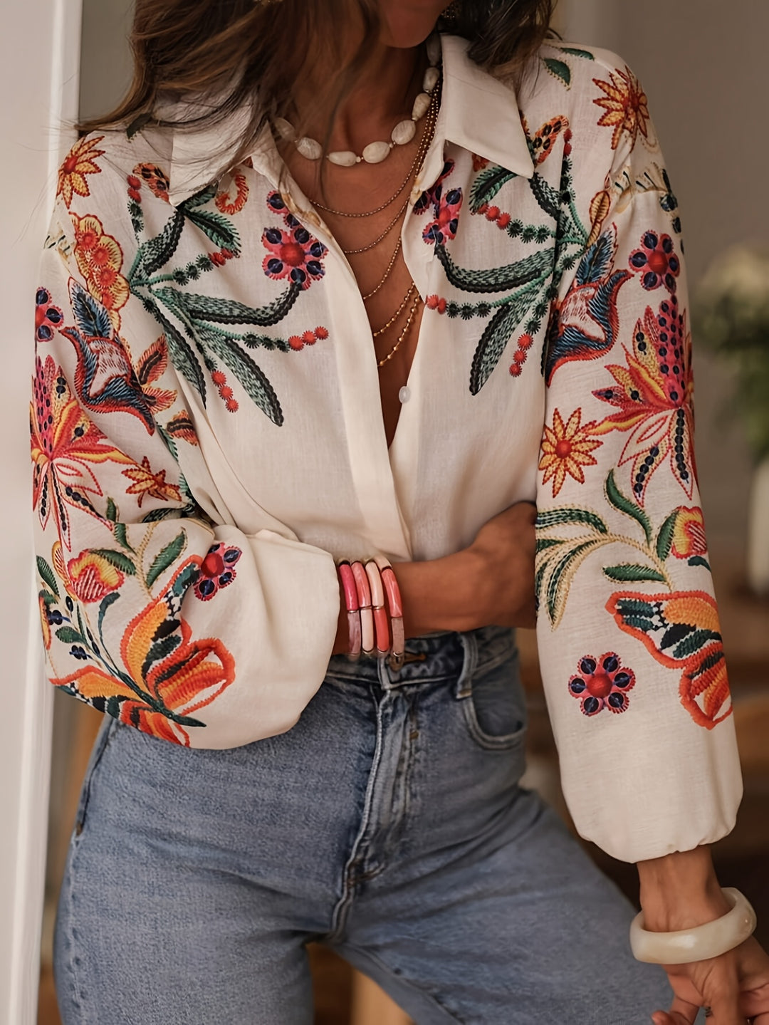 Blouse – Lange Mouwen & Knoopsluiting met Bloemenprint