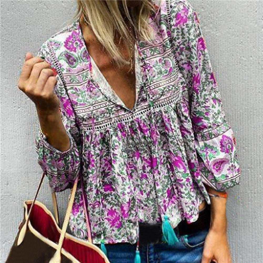 Blouse – V Hals Lange Mouwen En Polyestermix Voor Vrije Beweging