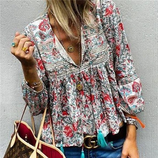 Blouse – V Hals Lange Mouwen En Polyestermix Voor Vrije Beweging