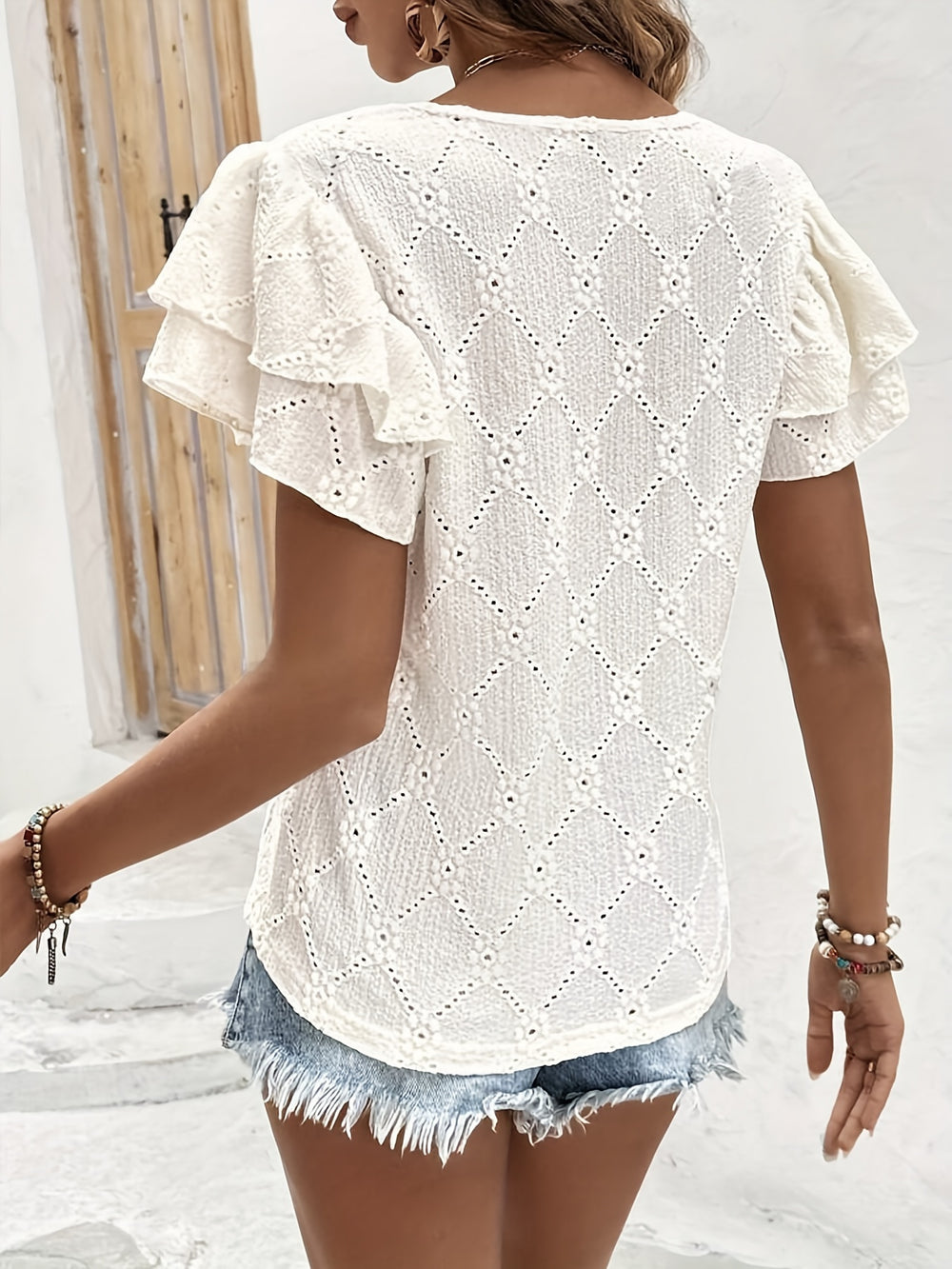 Blouse – V-Hals & Ruches Mouwen voor Ademend Comfort