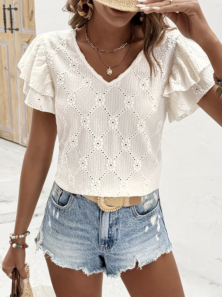 Blouse – V-Hals & Ruches Mouwen voor Ademend Comfort