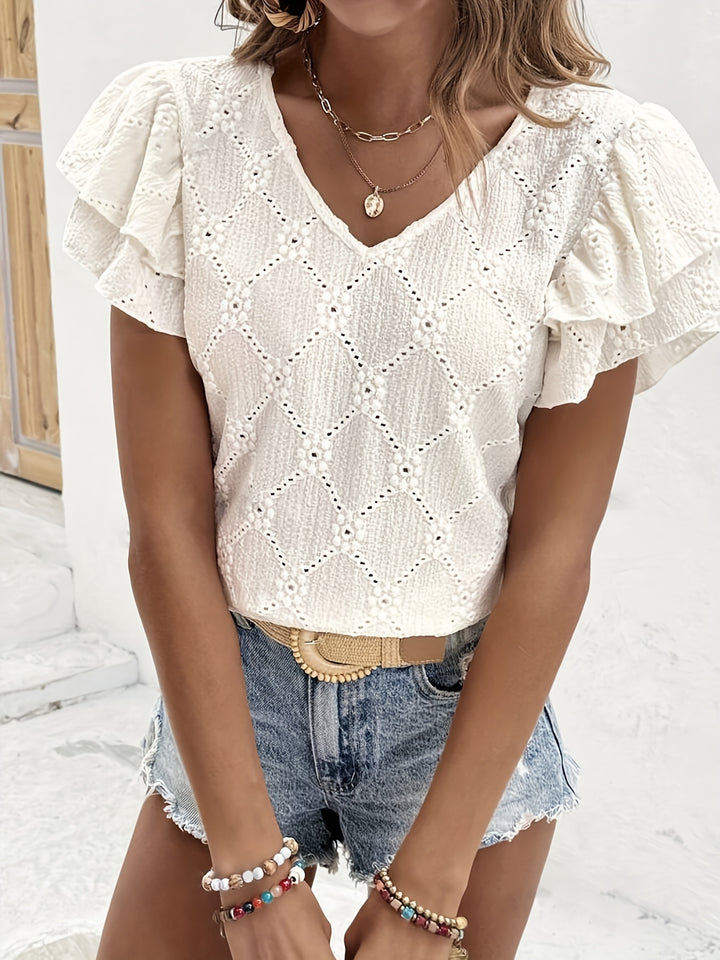 Blouse – V-Hals & Ruches Mouwen voor Ademend Comfort
