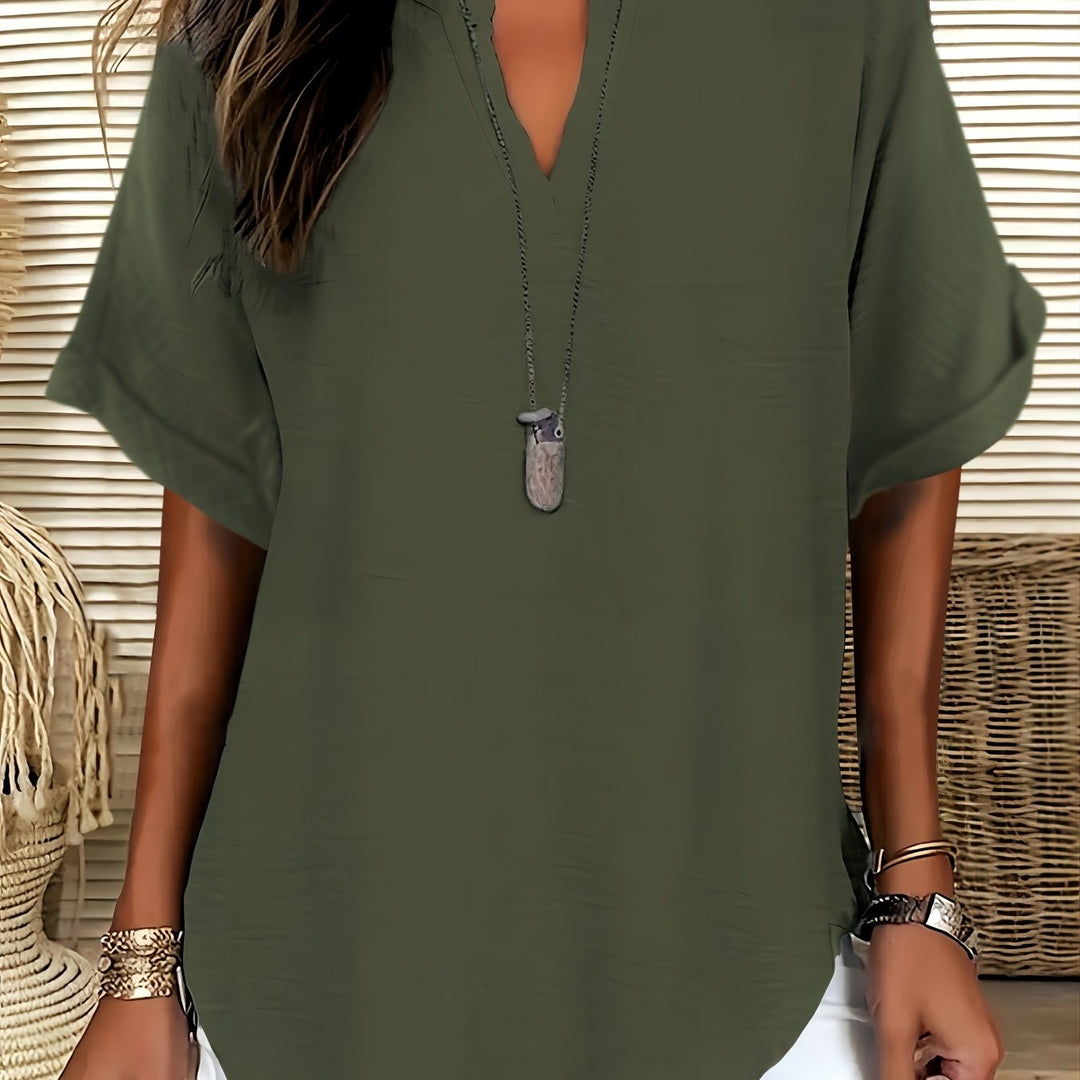 Blouse – V-hals & Losse Pasvorm met Korte Mouwen