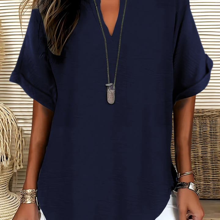 Blouse – V-hals & Losse Pasvorm met Korte Mouwen