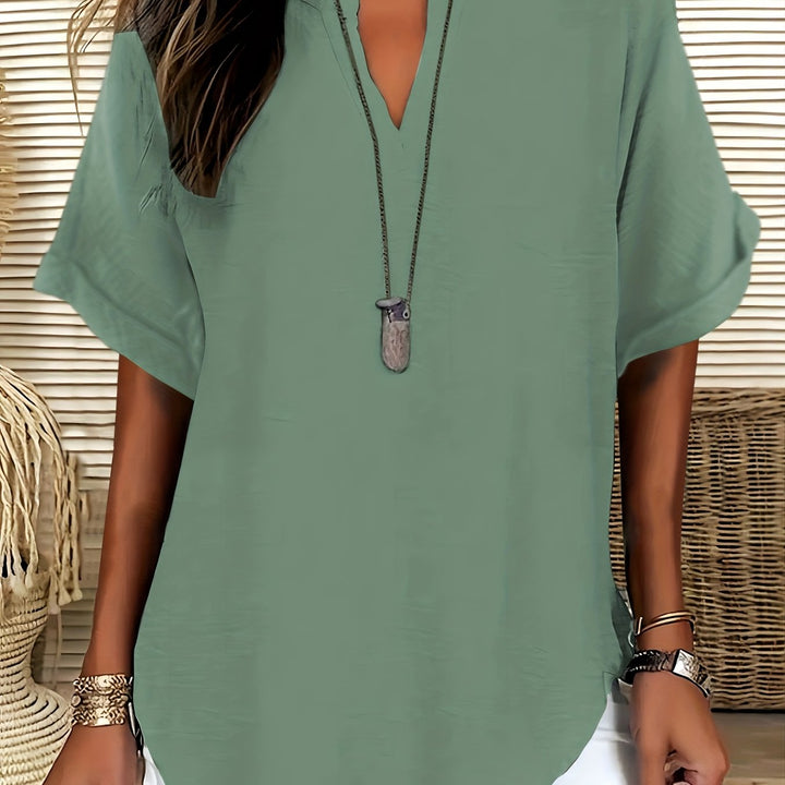 Blouse – V-hals & Losse Pasvorm met Korte Mouwen