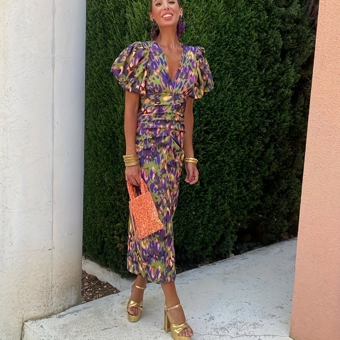 Bodycon Jurk – Geplooide Taille & V-Hals met Puff Mouwen