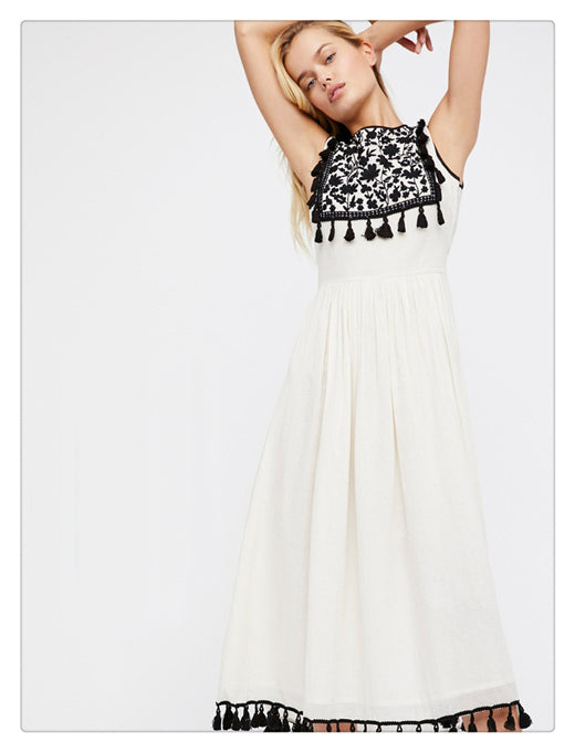 Bohemian Borduur Floral Fringe Jurk – Mouwloos & Losse Pasvorm