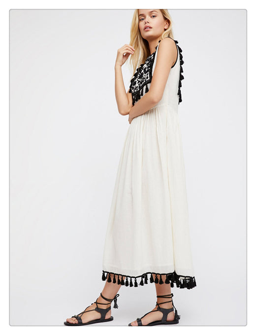 Bohemian Borduur Floral Fringe Jurk – Mouwloos & Losse Pasvorm