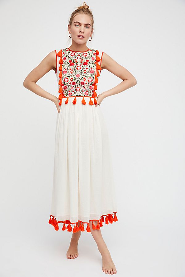 Bohemian Borduur Floral Fringe Jurk – Mouwloos & Losse Pasvorm