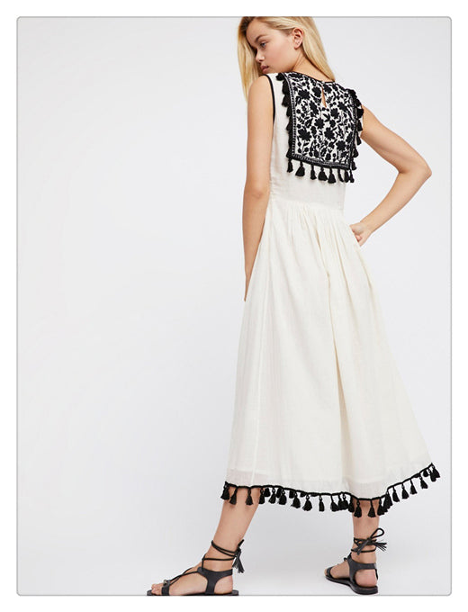 Bohemian Borduur Floral Fringe Jurk – Mouwloos & Losse Pasvorm