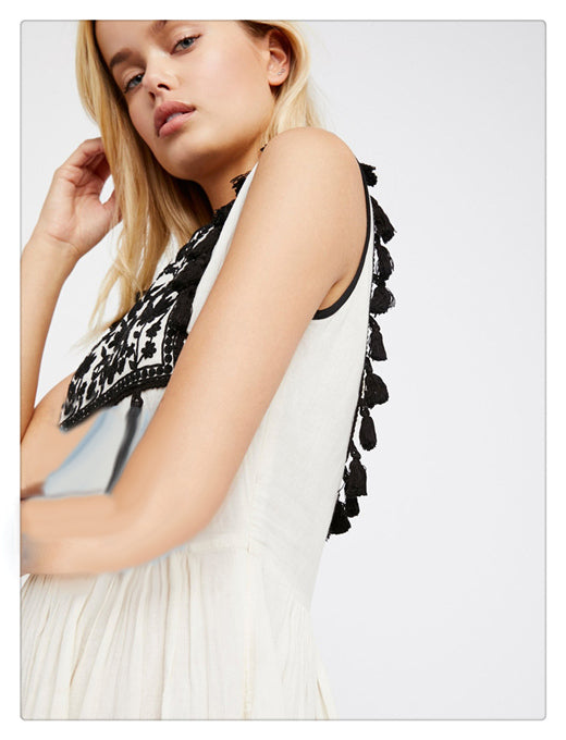 Bohemian Borduur Floral Fringe Jurk – Mouwloos & Losse Pasvorm