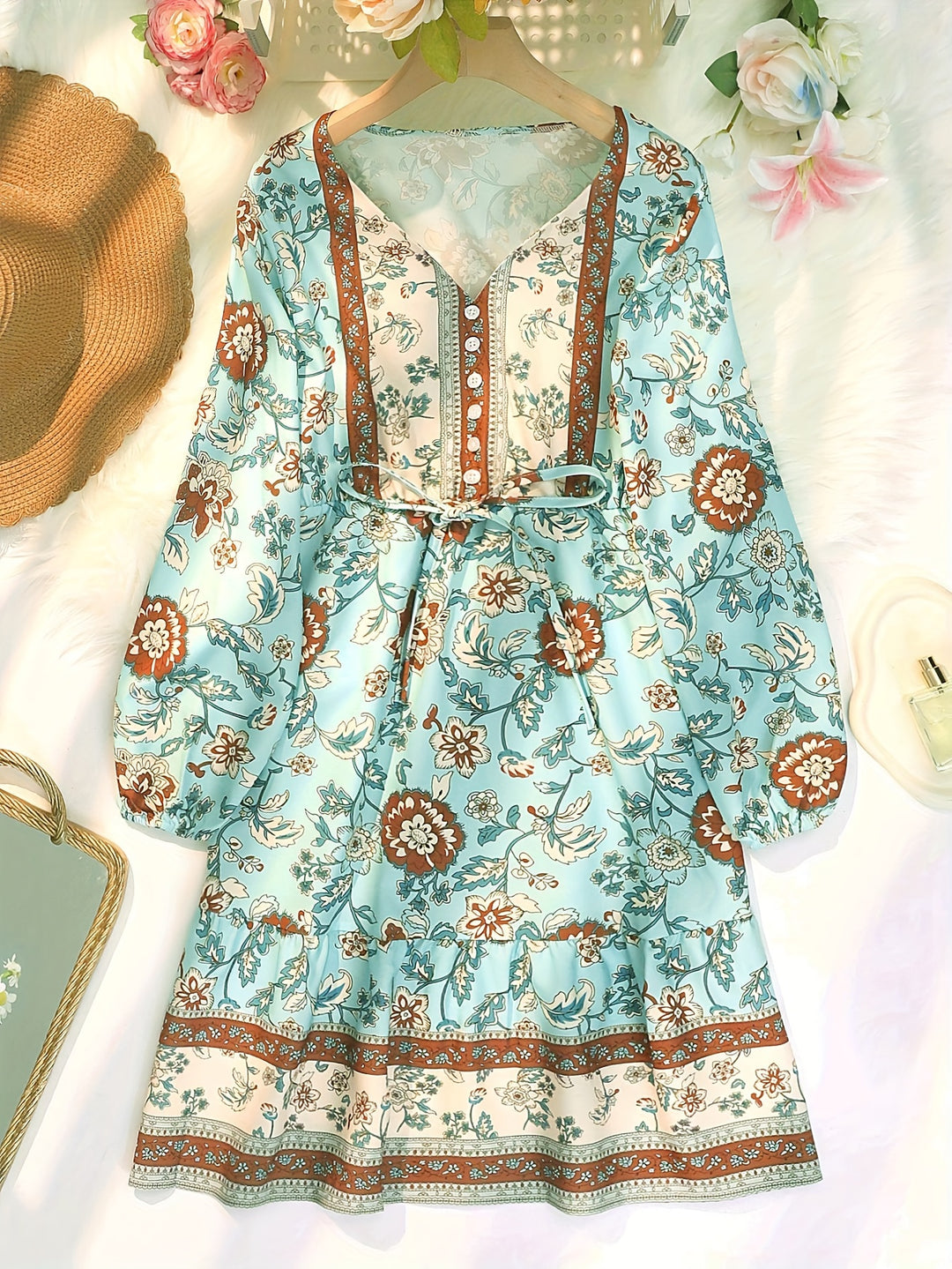 Boho Chic Jurk – V-Hals & Ruches Zoom voor Flexibele Pasvorm