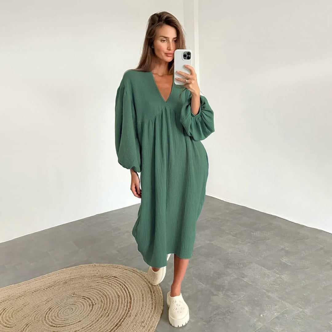 Boho Jurk - Losse Pasvorm met V-Hals & Ballonmouwen
