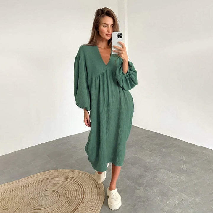 Boho Jurk - Losse Pasvorm met V-Hals & Ballonmouwen