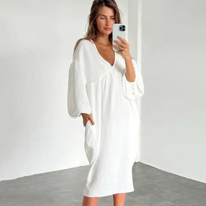 Boho Jurk - Losse Pasvorm met V-Hals & Ballonmouwen