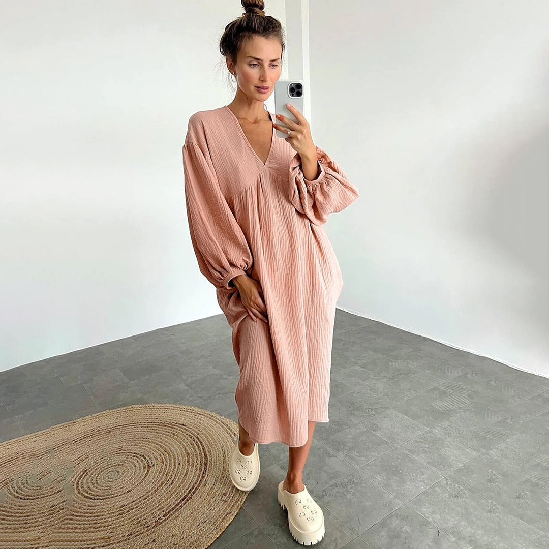 Boho Jurk - Losse Pasvorm met V-Hals & Ballonmouwen