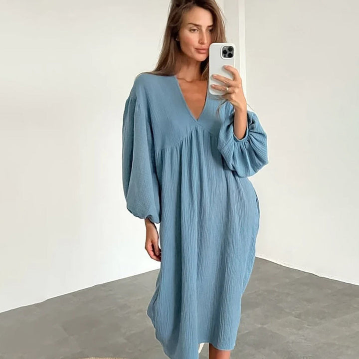 Boho Jurk - Losse Pasvorm met V-Hals & Ballonmouwen