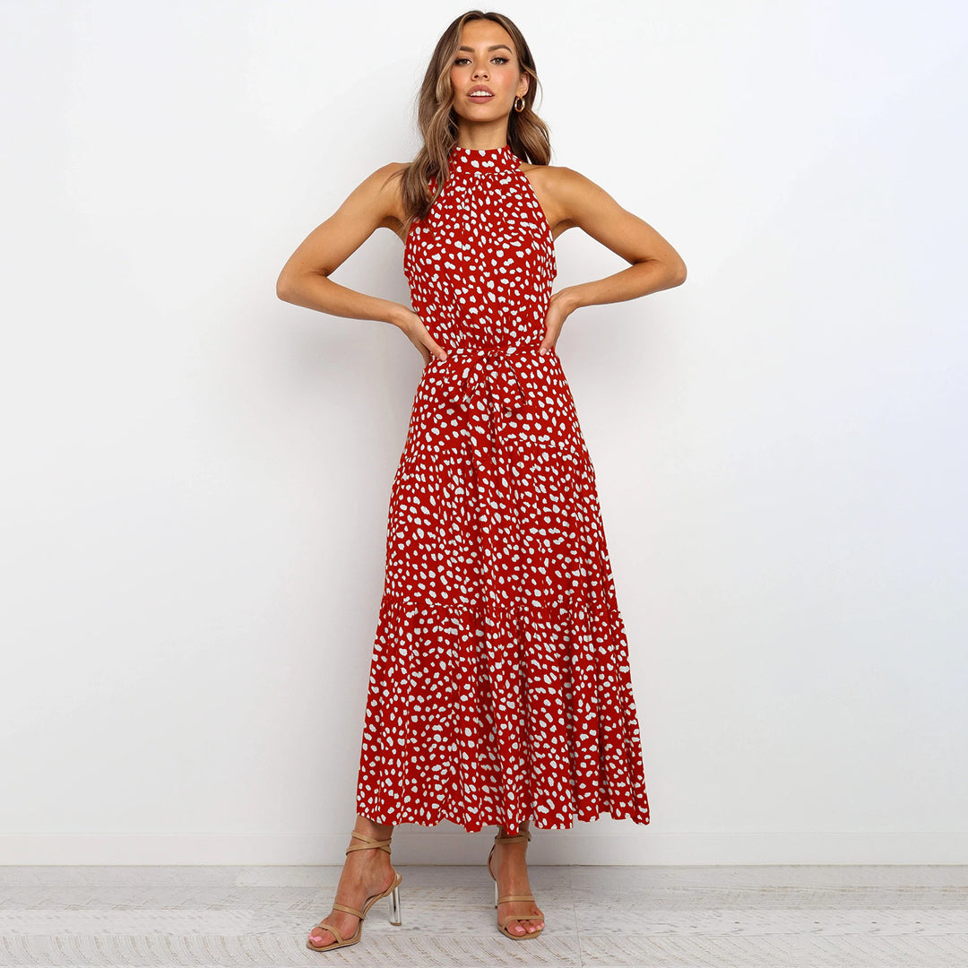 Boho Maxi-jurk - Mouwloos Met Stippen & Rimpelzoom