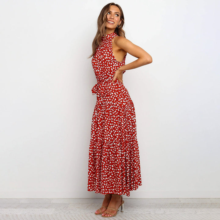 Boho Maxi-jurk - Mouwloos Met Stippen & Rimpelzoom