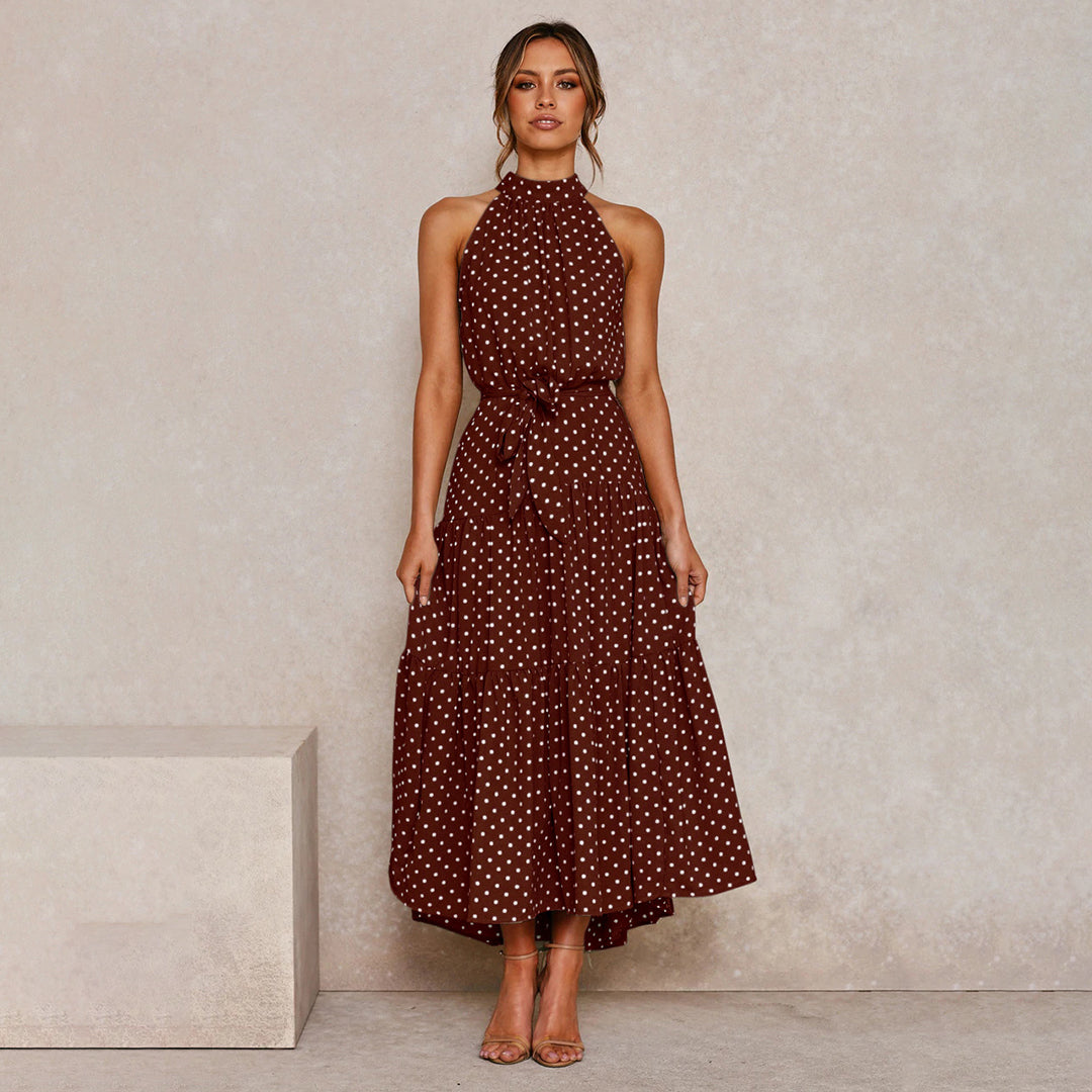 Boho Maxi-jurk - Mouwloos Met Stippen & Rimpelzoom