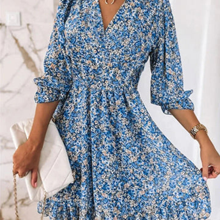 Boho Midi-jurk - Bloemdesign met 3/4 Mouwen & Rimpels