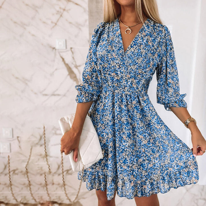 Boho Midi-jurk - Bloemdesign met 3/4 Mouwen & Rimpels
