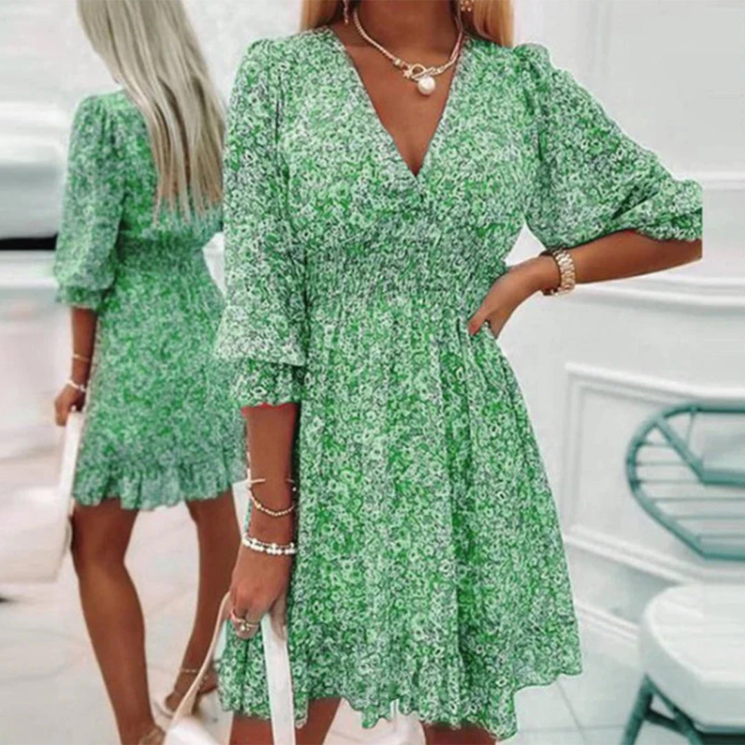 Boho Midi-jurk - Bloemdesign met 3/4 Mouwen & Rimpels