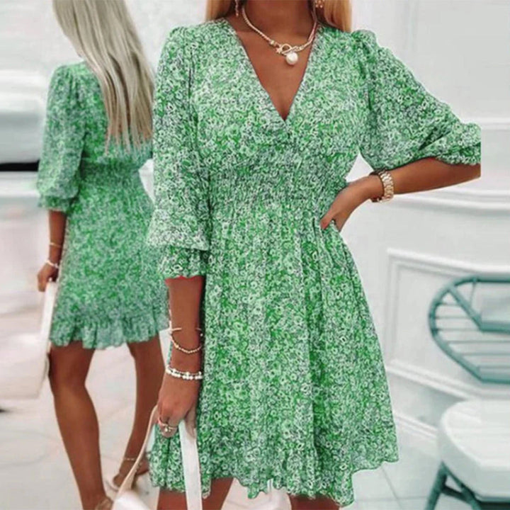 Boho Midi-jurk - Bloemdesign met 3/4 Mouwen & Rimpels