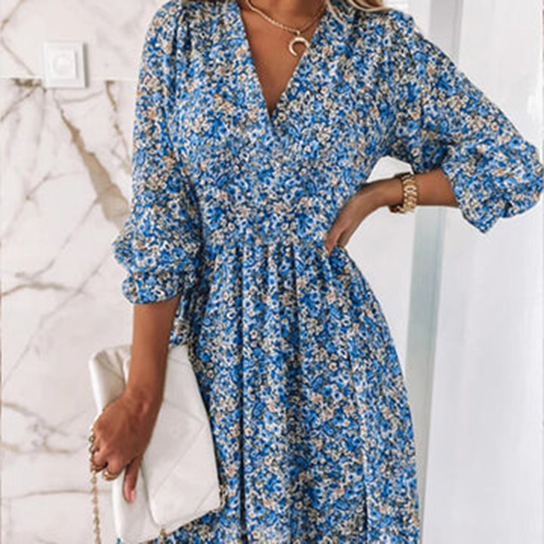 Boho Midi-jurk - Bloemdesign met 3/4 Mouwen & Rimpels