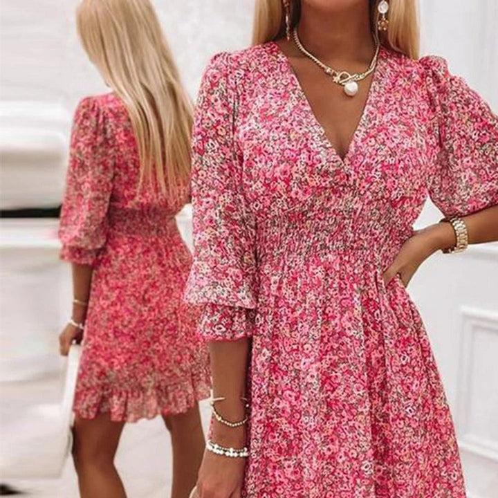 Boho Midi-jurk - Bloemdesign met 3/4 Mouwen & Rimpels