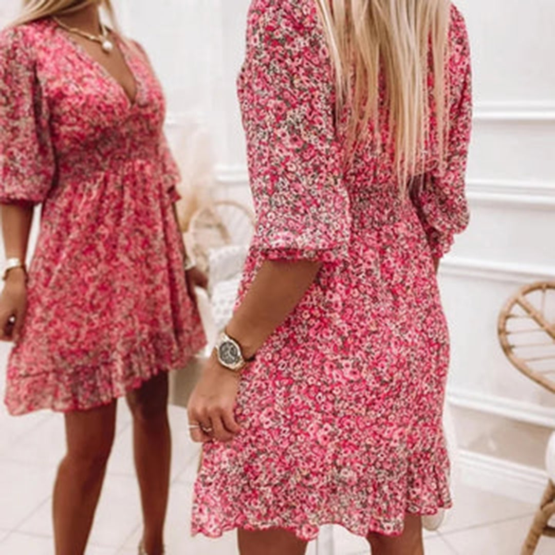 Boho Midi-jurk - Bloemdesign met 3/4 Mouwen & Rimpels