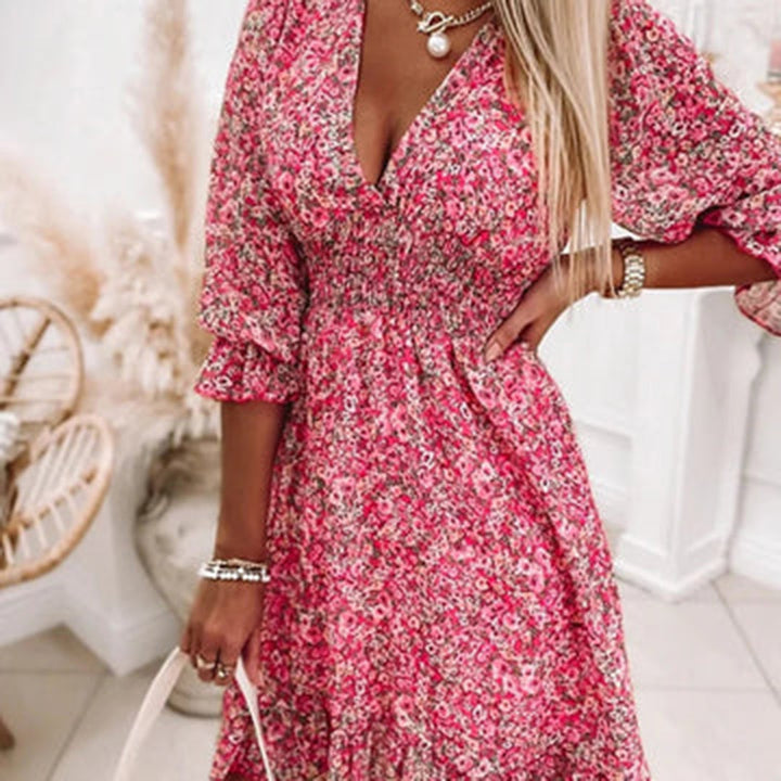 Boho Midi-jurk - Bloemdesign met 3/4 Mouwen & Rimpels