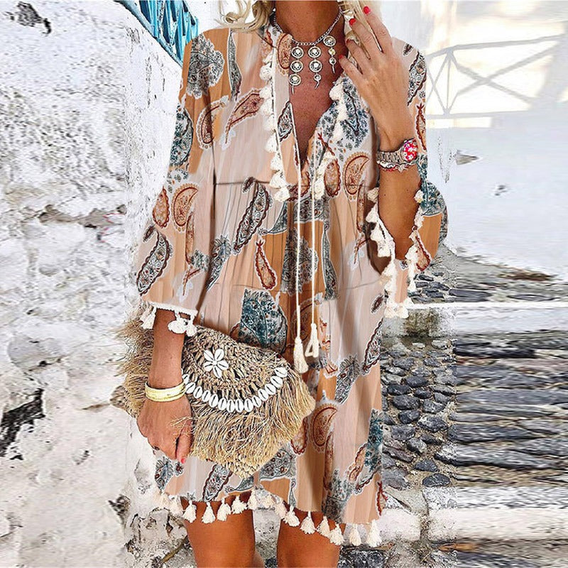 Boho Mini Jurk - Etnisch Patroon & Kwast Pompon Details