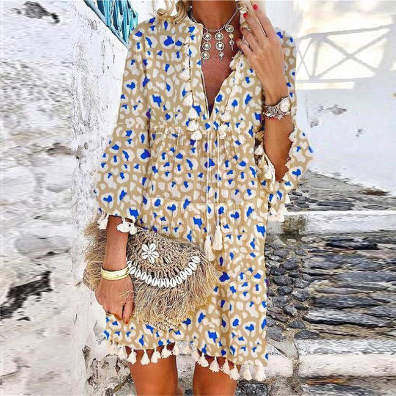 Boho Mini Jurk - Etnisch Patroon & Kwast Pompon Details
