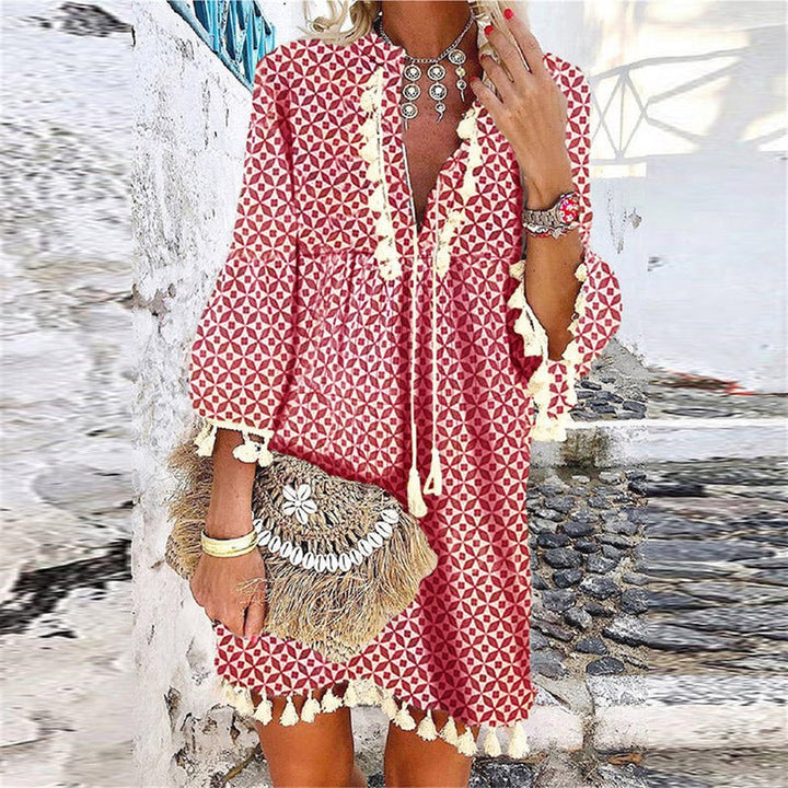 Boho Mini Jurk - Etnisch Patroon & Kwast Pompon Details