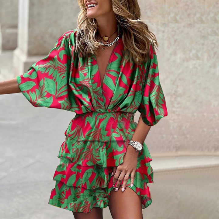 Boho Mini Jurk - Tropische Print & Wikkelontwerp met Volants