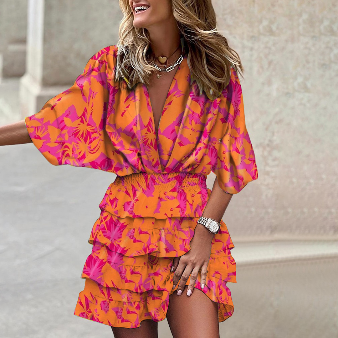 Boho Mini Jurk - Tropische Print & Wikkelontwerp met Volants
