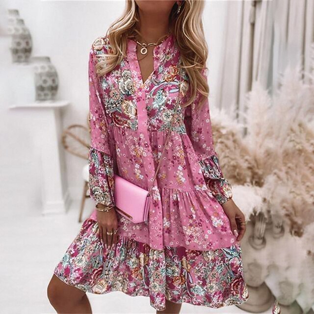 Boho Mini Jurkje - Bloemenpatroon & Knopsluiting