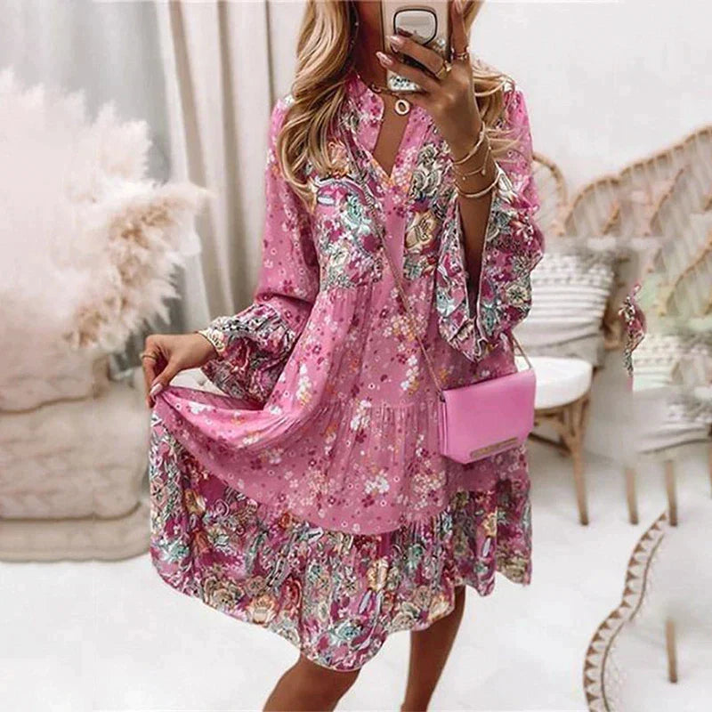 Boho Mini Jurkje - Bloemenpatroon & Knopsluiting