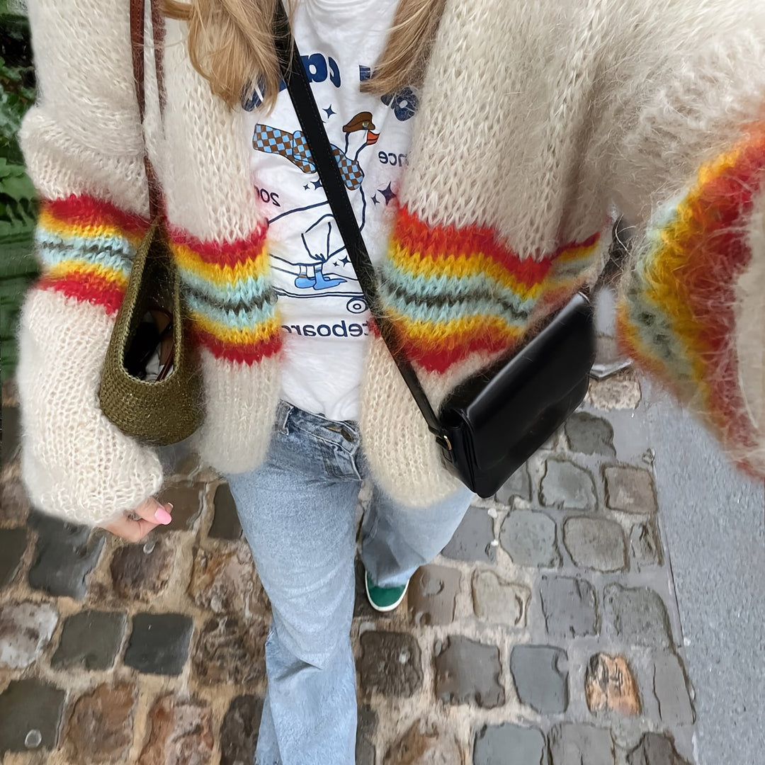 Cardigan - Colorblock Bloemen En Ribstructuur Voor Warmte