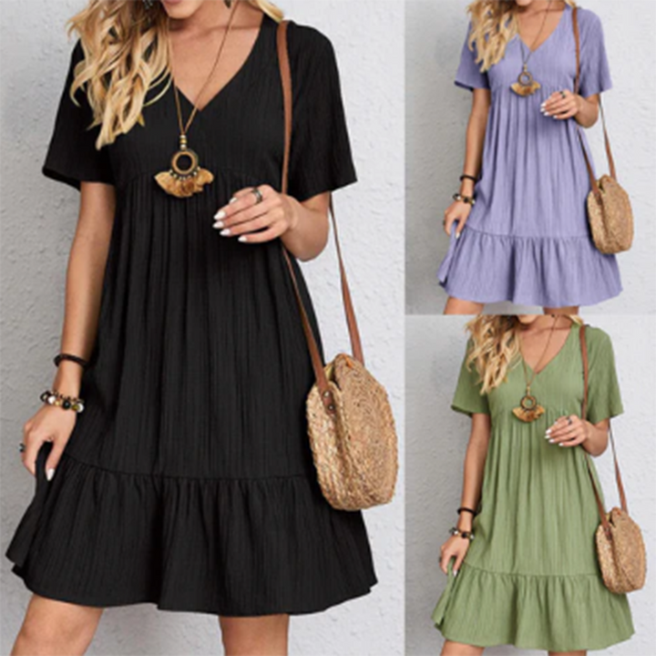 Casual Babydoll Jurk - Losse Pasvorm & V-Halsontwerp