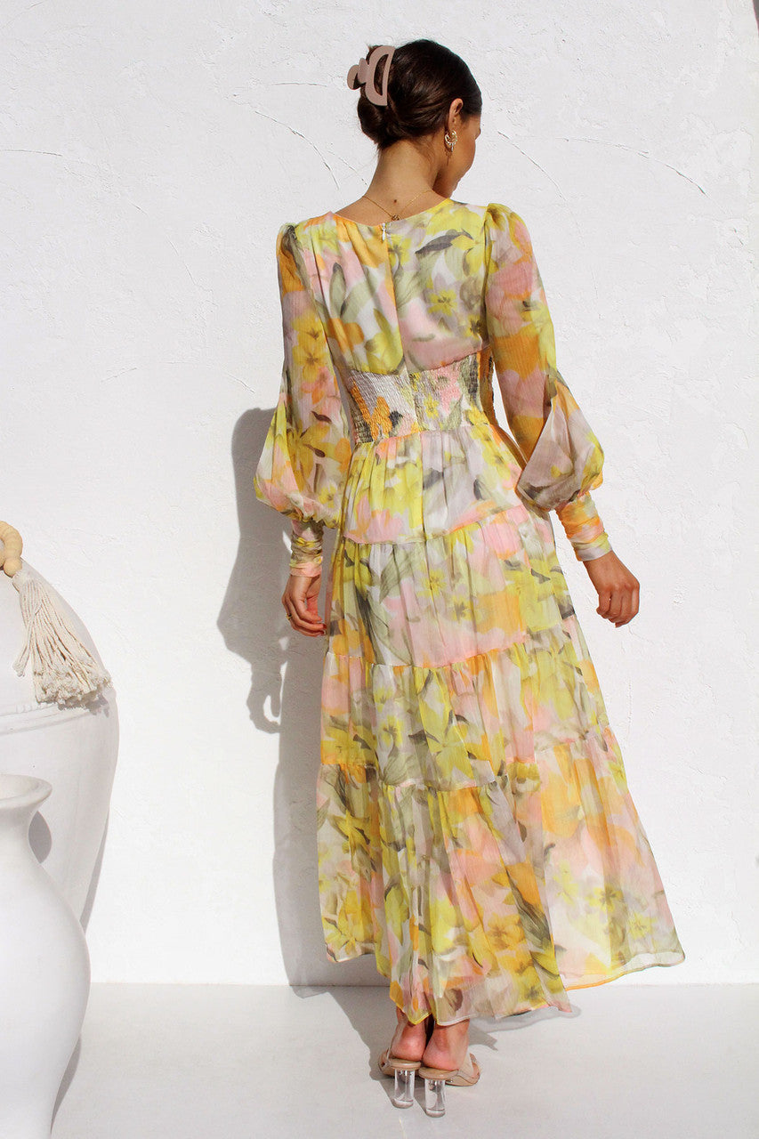 Casual Gedrukt Jurk - Lange Mouwen V-hals & Swing Rok Ontwerp