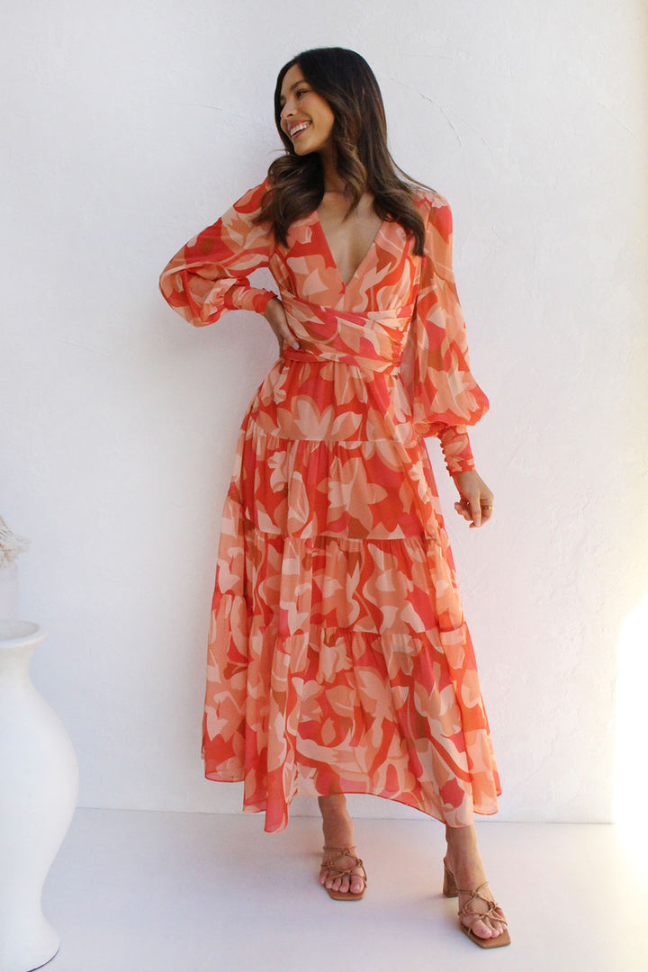 Casual Gedrukt Jurk - Lange Mouwen V-hals & Swing Rok Ontwerp