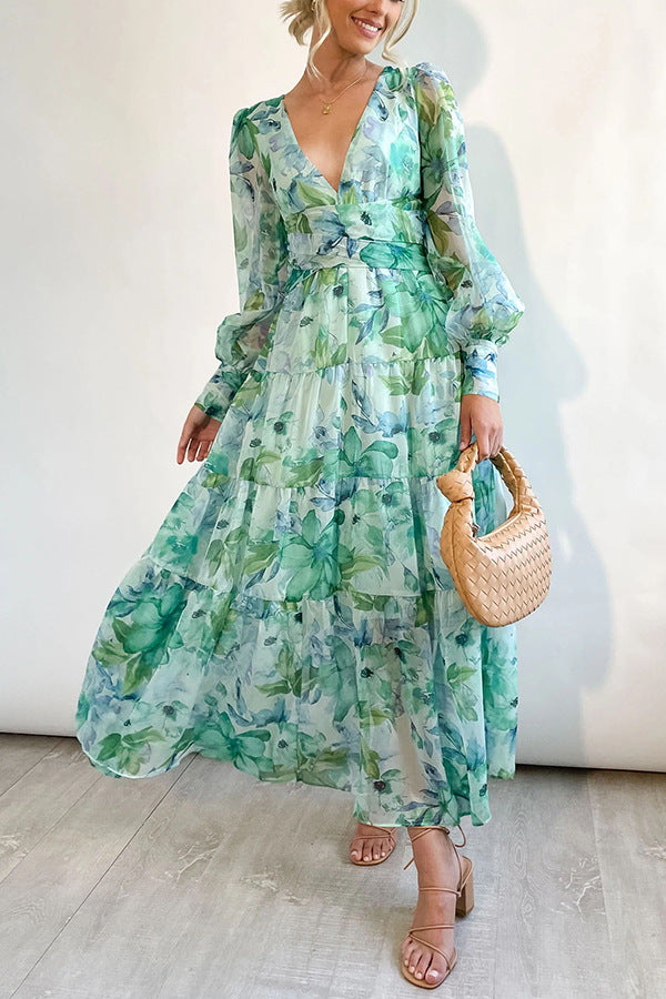 Casual Gedrukt Jurk - Lange Mouwen V-hals & Swing Rok Ontwerp