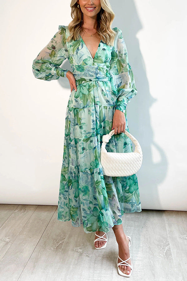 Casual Gedrukt Jurk - Lange Mouwen V-hals & Swing Rok Ontwerp