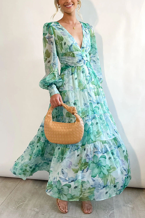 Casual Gedrukt Jurk - Lange Mouwen V-hals & Swing Rok Ontwerp